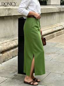DONICY Women's Green Linen Mid-Length Skirt With Side Slit, Textured Fabric, Suitable For Office Work And Casual Wear In Spring - Green - View 6