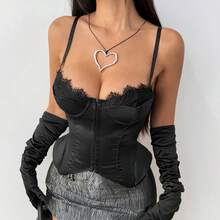 Women's Corset Top Black Lace Trim Boned Bustier Spaghetti Straps Satin Vintage Victorian Style Y2K Aesthetic Gothic Streetwear - màu đen - Xem 6