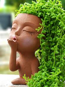 Human Face Flower Pot, Head Flower Pot, Female Face Flower Pot, Plant Pot, Small Kissing Succulent Plant Pot, Suitable For Indoor And Outdoor Plants, Cute Vase Home Decoration, Brown - A - View 1