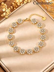 Camhanno 1 Pc Elegant And Exquisite Stainless Steel Bracelet, Creatively Designed With Four Leaf Flowers, Perfect Holiday Gift - Gold 2 - View 16
