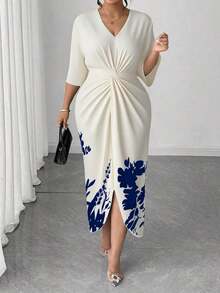 Vestido elegante con estampado para mujeres de talla grande - Azul marino - Ver 3