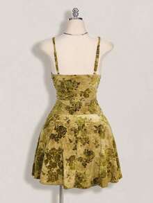 ICON Vestido con cuello en V profundo con decoración de cuentas y efecto flockado en estilo retro Y2K de talla grande, vestido con tirantes en estilo chino vintage con cuello en V profundo, adecuado para citas, banquetes, vacaciones y fiestas - Amarillo - Ver 2