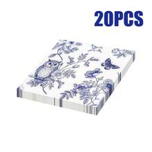80/40/20 piezas Servilletas desechables impresas de 13 * 13 pulgadas en azul y blanco, con blanco como base, combinadas con patrones azules de búhos, flores, mariposas y ramas, adecuadas para mesas de comedor diarias, tardes de té, picnics, fiestas de jardín, reuniones con tema de primavera, fiestas de cumpleaños familiares, banquetes de bodas y decoraciones de restaurantes - Ver 14