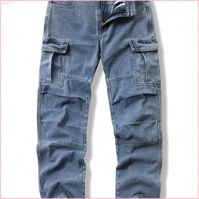 Men's Relaxed Fit Elastic-Waist Denim Cargo Pants - Multi-Pocket Straight-Leg Vintage Washed Work Jeans Suitable For Hiking, Fishing, Camping, Climbing | Outdoor Trousers With Mid-Rise & Hand Washable Denim (No Dry)