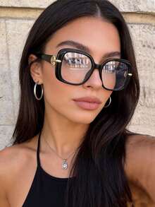 1 pezzo Occhiali multifunzionali con montatura poligonale cava e trasparente, eleganti e alla moda, adatti per uso quotidiano, fotografia di strada, lettura, scrittura, ufficio, vacanza, viaggio, accessori da spiaggia - nero - Visualizzare 3