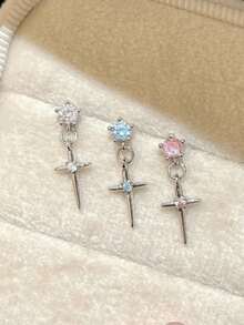 Bông tai mặt dây chuyền hình thánh giá tinh tế, kiểu dáng sinh viên sang trọng thời trang dành cho nữ, thích hợp cho mùa xuân/hè. - Bạc - Xem 3