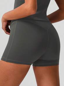 Sodalemon Celana Pendek Olahraga Yoga Lari Kasual Tanpa Jahitan untuk Wanita, Warna Polos, untuk Mengangkat Bokong - Grey - View 7
