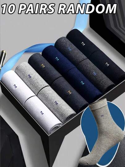 10 Pairs Men's Business Casual Socks, Antibacterial, 97% Nylon 3% Spandex, Breathable Moisture-Wicking Odor Resistant Mid-Calf Socks, Letter Pattern - Machine Washable, Autumn