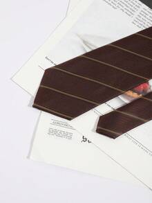1pc Men's Dark Brown Contrast Striped Necktie - Reddish-brown - View 3