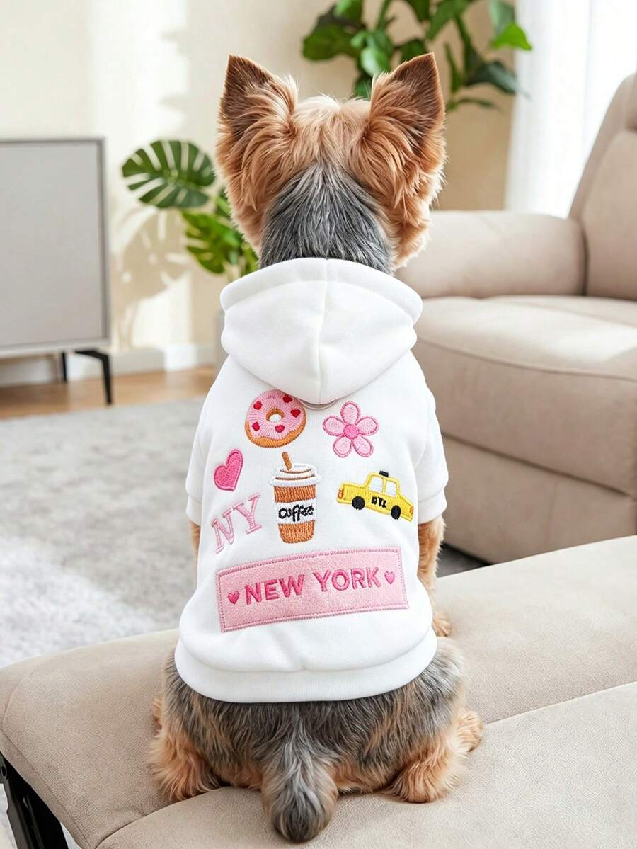 1件宠物衣服，狗狗/猫咪服装，小型犬可爱套装，舒适连帽衫系列，融合纽约元素，适合春秋季穿着