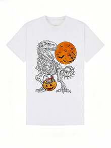 Camiseta de manga corta de cuello redondo suave y casual para mujer, ideal para el verano, con diseños de Halloween: Jack-O'-Lantern, Tyrannosaurus Rex, caramelos navideños, "Trick Or Treat", vacaciones occidentales, estilo urbano, hogar, camiseta de esqueleto de Halloween con diseño de T-Rex y cubo de caramelos de calabaza. Color blanco. - Blanco - Ver 7