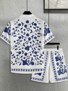 Plus Size Men's Summer Casual Tile 3D Digital Print Collared Shirt And Drawstring Waist Shorts 2 Pieces Set - Multicolor - View 2