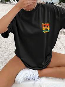 1 Piece, 100% Cotton. Loose-Fitting 100% Cotton T-Shirt, Short-Sleeved Summer T-Shirt With A Round Neck, New Arrivals 2026, Women's T-Shirt With A Graphic Lip Motif, Round Neck, Short Sleeves, For Outdoor Activities, Street Style, Casual, Perfect Choice For Spring And Summer Outfits, Casual Everyday Wear. Summer Style T-Shirt - Black - View 6