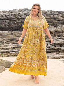 Women Plus Size Floral V-Neck Loose Dress Beach Holiday Summer Party Wedding Season Music Festival Vacation Elegant - 藍色2 - 查看 12