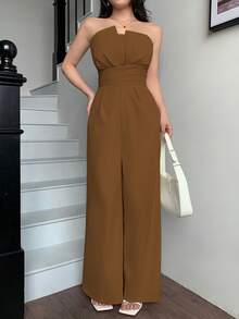 abyoxi 女士棕色无肩带露背褶皱腰身修身阔腿连体裤，性感优雅简约复古休闲通勤日常外出约会装，春夏长款连体裤 - 棕色 - 查看 6