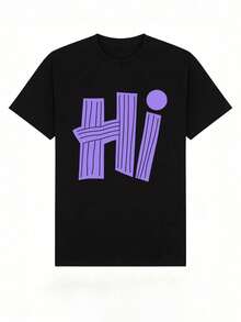 Camiseta de manga corta para mujer, de estilo casual de verano, con cuello redondo suave, que presenta un estilo minimalista americano de alta costura versátil en un color inspirado en la dopamina con la letra HI. Blanco. - Negro - Ver 7