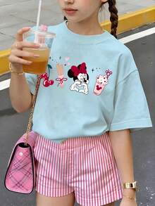 Disney Disneyland Girl Mouse Print Summer Tops, Cute Printed Pattern,Disney Kids Minnie Mouse Outfit, Perfect For Cute Girls. Teen Girl Gift,Tween Summer Clothes,Comfortable And Breathable Children's Short-Sleeved T-Shirt. Suitable For Both Boys And Girls.Suitable For Daily Wear, Vacations, Outdoor Activities, And As A Children's Gift. - Màu xanh nhạt - Xem 2