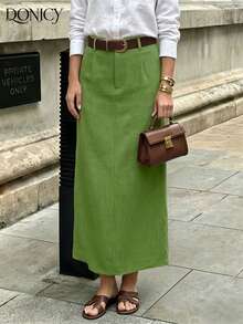 DONICY Women's Green Linen Mid-Length Skirt With Side Slit, Textured Fabric, Suitable For Office Work And Casual Wear In Spring - Green - View 4