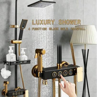 Bộ vòi sen vuông bằng kim loại màu đen với 4 chế độ điều chỉnh và vòi xịt vệ sinh cầm tay - Gắn tường, không cần điện.