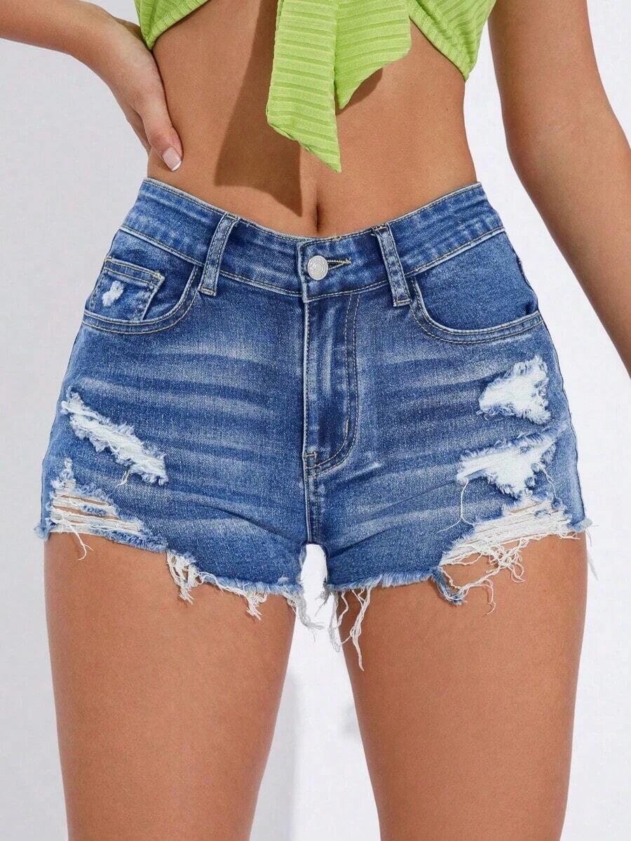 ICON Short de mezclilla con estilo callejero con efecto desgastado y bajo deshilachado para mujer - Azul lavado oscuro 4 - Ver 1