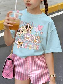 Disney Summer Tops,Disney Mickey Mouse Print Graphic Tee, Perfect For Cute Girls. Teen Girl Gift,Comfortable And Breathable Children's Short-Sleeved T-Shirt. 180g Pure Cotton Children's Clothes,Suitable For Both Boys And Girls.Suitable For Daily Wear, Vacations, Outdoor Activities, And As A Children's Gift. - 淺藍色 - 查看 1