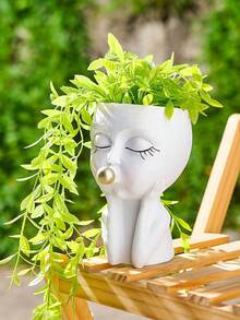 人脸造型花盆/花盆，适用于室内外植物，树脂材质，适合种植多肉植物，底部有排水孔，造型可爱，女性脸部造型。 - A - 查看 2