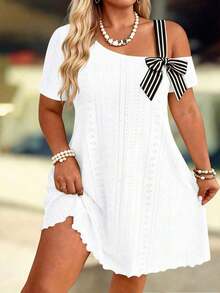 Linhara CURVE Vestido casual holgado de manga corta con textura calada y elástica, a rayas y parches, con lazo, de talla grande, elegante y de moda para el trabajo y el uso diario - Blanco - Ver 12