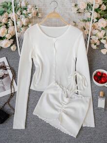 Bộ đồ hai mảnh dệt kim dài tay mùa xuân hè mới dành cho nữ, cổ trễ, lưng đẹp, áo hai dây, dáng ôm gợi cảm. - trắng - Xem 5
