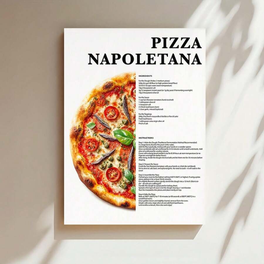 Enmarcado Póster con receta de pizza napolitana: auténtica guía italiana de pizza Margherita y Napoletana con ingredientes e instrucciones, tabla de cocina italiana para la cocina, decoración de pared para pizzerías, impresión artística en lienzo , 2D plano, perfecto para la decoración de habitaciones. - Enmarcado - Ver 1
