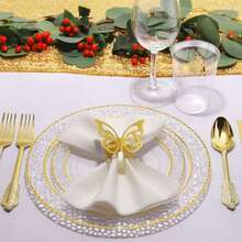 50/25/12/1pc Transparent Gold Rim Plates - Elegant Gold Border, Stackable Design, Space-Saving. Elegant Plates Suitable For Weddings, Birthday Parties, Outdoor Banquets And Daily Dining, Meeting Both Formal And Informal Occasions. Product Features Include: Wrinkle-Resistant Texture, Sturdy Structure, Multi-Functional Use, Suitable For Event Planning, Family Gatherings, Holiday Celebrations, Party Supplies And More, Also An Ideal Choice For Restaurant Suppliers. - Clear - View 7