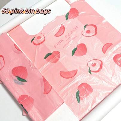 50/100 كيس قمامة معطر برائحة الخوخ، أكياس تسوق معطرة بمقابض، أكياس قمامة سميكة معطرة، مانعة للتسرب ومانعة للروائح، بنمط فاكهة، مناسبة لنفايات الحيوانات الأليفة والمطبخ والاستخدام المنزلي، مع مقابض سحب