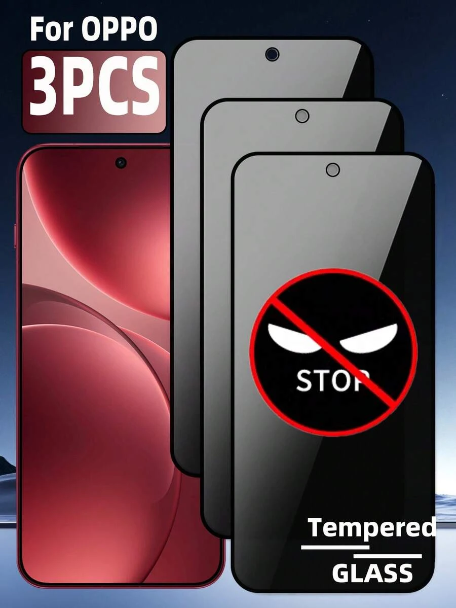 3 pièces Protecteur d'écran en verre trempé pleine couverture, compatible avec OPPO, pleine couverture, anti-espionnage, anti-rayures, anti-traces de doigts, installation facile, sans bords blancs, sans bulles, compatible avec les coques de téléphone - Noir - Voir 1