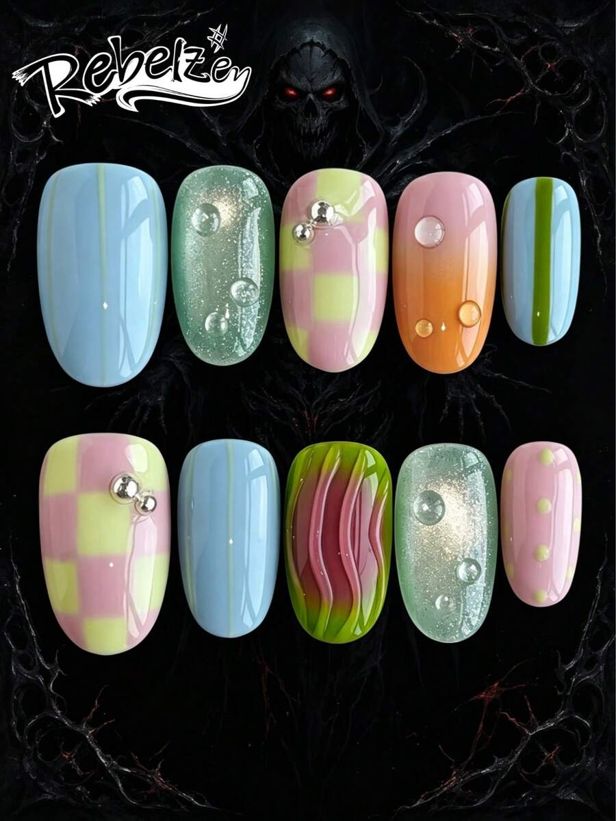 10pcs Handmade Vintage Y2K Press-On Nails, Short Square Acrylic Nail Tips, Mirror Glossy Macaron Multicolor Checkerboard & Swirl Design, Cute & Quirky Style Travel Essential, Easy To Apply & Reusable Nail Art Supplies, Handmade Nail Stickers, Glitter Nail Stickers, Nail Stickers > Glitter, Short Pointed Nails, Blue Nails, Pink Nails, Autumn Nail Art