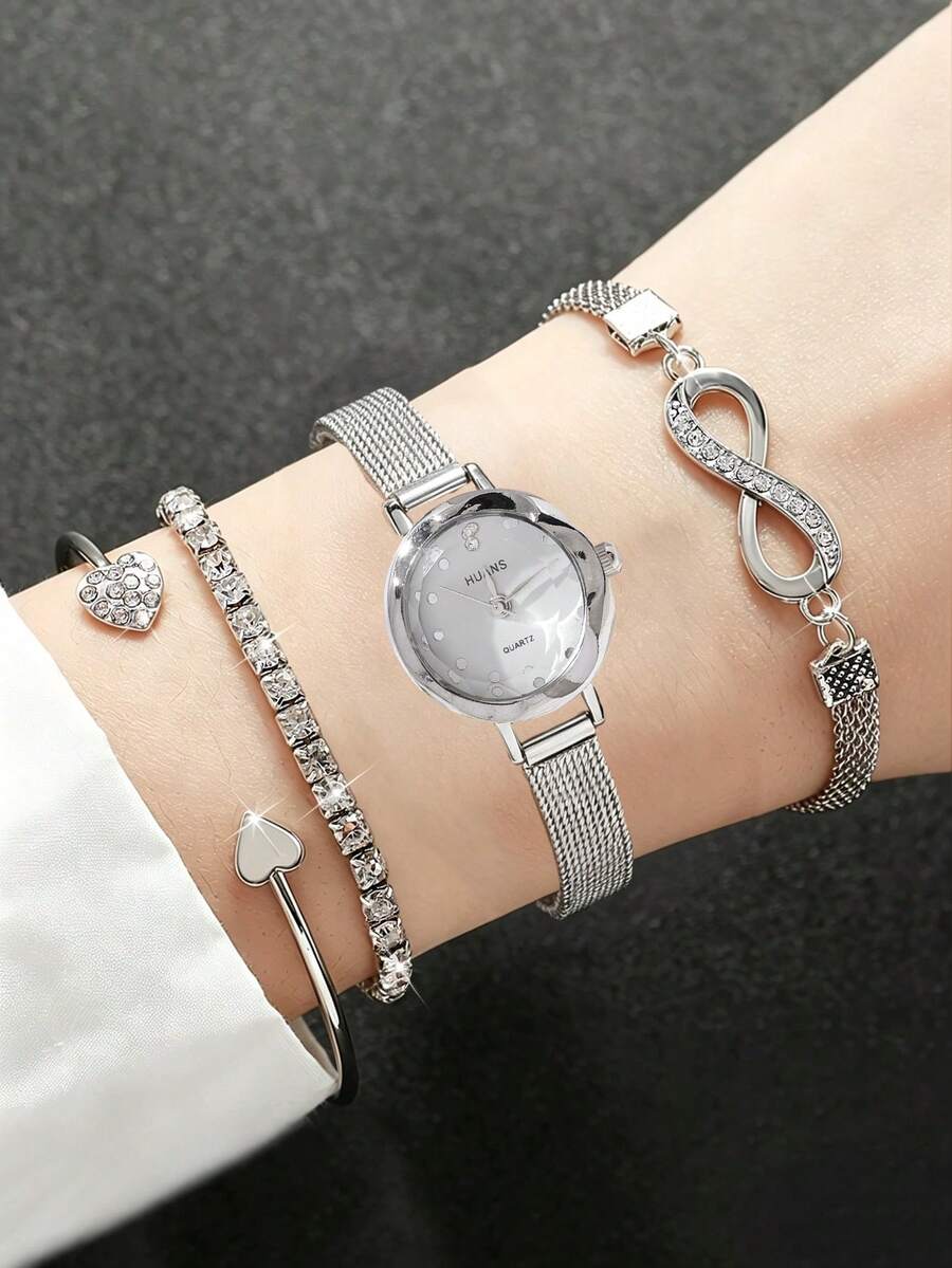4PCS Luxury Style Women's Watch Set, Including A Mesh Strap Silver Watch With Diamonds, A Heart-Shaped Open Bracelet, A Tennis Chain Bracelet, And An Infinity Symbol Bracelet. The Watch Features A Silver Mesh Strap Paired With A Polka Dot Dial, Offering A Delicate Design That Exudes A Gentle Temperament; The Jewelry From The Same Series Incorporates Heart And Infinity Symbol Designs