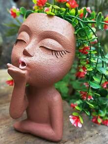 Human Face Flower Pot, Head Flower Pot, Female Face Flower Pot, Plant Pot, Small Kissing Succulent Plant Pot, Suitable For Indoor And Outdoor Plants, Cute Vase Home Decoration, Brown - A - View 6
