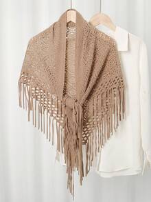 1PC Women's Autumn/Winter New Solid Color Triangle Tassel Knitted Scarf Shawl - Camel - View 2
