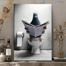 1 pieza Impresión en lienzo de paloma leyendo el periódico en el baño, pintura de arte de pared moderna, adecuada para cafetería, hogar, dormitorio, sala de estar, cocina, baño, oficina, decoración del hogar, decoración de la habitación - Multicolor - Ver 6