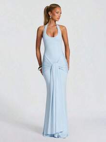 Elegant Sexy Halter Neck Ruched Waist Party Dress, Fashionable Cocktail Gown For Formal Events, Mermaid Style Long Cocktail Dress, Bridesmaid Or Guest Dress, Soft And Stretchy Fabric For Sexy Fitted Silhouette Wedding Pink - Màu xanh nhạt - Xem 5