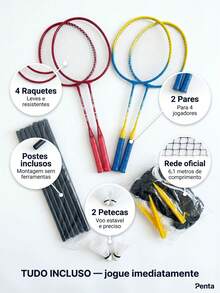 Kit Badminton 4 raquetes e 2 Petecas + Hastes com Rede e Bolsa para transporte - A - Visão 6