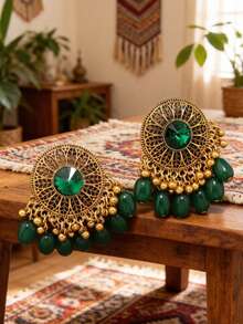 1 đôi bông tai mặt dây chuyền hình tròn rỗng họa tiết hoa pha lê xanh kiểu Bohemian - Nhiều màu - Xem 3