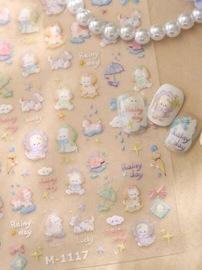 1pc 5D Kawaii Shell-Shimmer Puppy Dog Nail Art Stickers Charms Japanese Sheer Style With Clouds Stars Bows Manicure Decals Decorations Accessories Press On Nails DIY Nail Art Supplies Design For Women Girls Nails