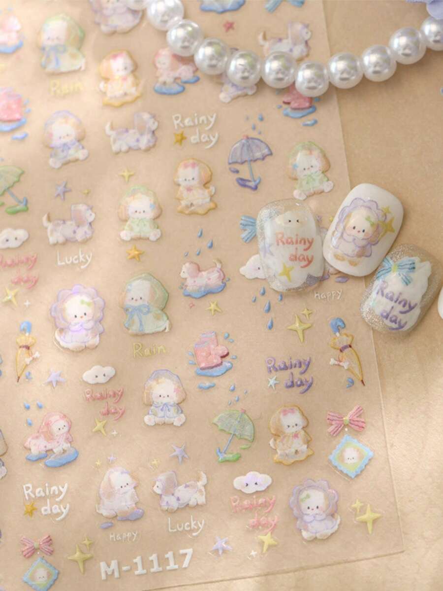 1 miếng dán móng tay hình cún con 5D Kawaii lấp lánh kiểu Nhật Bản với họa tiết mây, sao, nơ, phụ kiện trang trí móng tay, đồ dùng tự làm móng nghệ thuật cho nữ và bé gái. - Nhiều màu - Xem 1