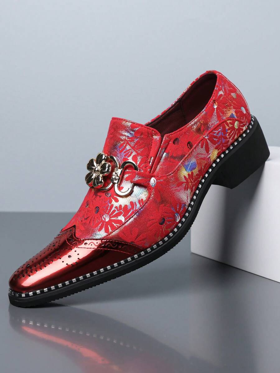 QRLQRL 1 đôi giày Brogue mũi nhọn nam, có khóa kim loại, chất liệu da PU, đế cao su, kiểu dáng xỏ chân, gót phẳng, phù hợp cho công sở và đi chơi hàng ngày. - Đỏ - Xem 1
