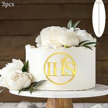 3pcs/6pcs Gold Acrylic IHS Cake Toppers, Holy Communion Cake Decorations, Baptism Confirmation First Communion Party Supplies - Multicolor - View 19