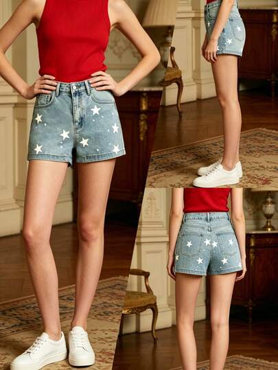 Pantaloni scurți din denim cu imprimeu elastic pentru femei, la modă primăvară/vară