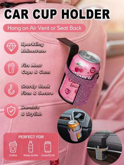 Bling Car Cup Holder With Hooks, Rhinestone Vehicle Organizer, Multi-Function Seat Back Air Vent Mount Drink Holder, Universal Car Accessories, Gift For Women