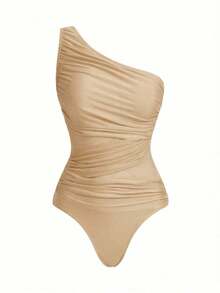 Traje de baño de una pieza para mujer para playa piscina vacaciones semana santa brunch y salidas a la playa, diseño de hombro único con drapeado y tul transparente que resalta la silueta color marrón sólido tela elástica de secado rápido apto para verano y temporadas cálidas - Caqui - Ver 6