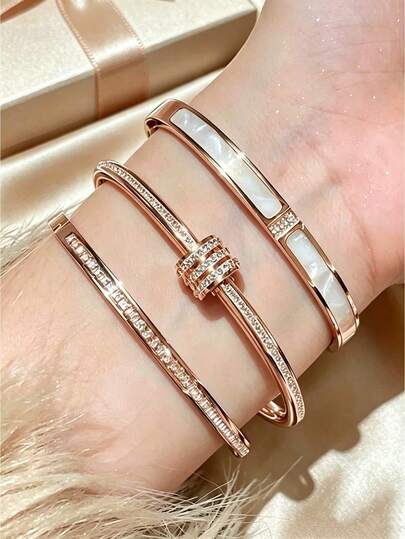 1/3 piezas - Elegante pulsera unisex de acero inoxidable, con tecnología de enchapado antidecoloración, totalmente cubierta de circonita, disponible en tres colores, adecuada para parejas y perfecta para mujeres