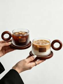 1 Set Vintage Glass Cup & Saucer, Niche Creative Latte Art Cup, Ins-Style High-End Coffee Cup & Saucer, Exquisite Afternoon Tea & Dessert Cup, High-Grade Wooden Handle Iced American Cup, Home Breakfast Milk & Juice Drinking Cup & Saucer, Office Water Cup. Suitable For Restaurant, Living Room, Cafe, Gathering, Party, Wedding. - Multicolor - View 10