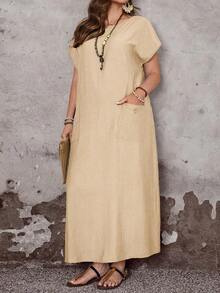 Vestido casual de primavera con cuello redondo, manga corta y bolsillo para mujer de talla grande - Negro - Ver 9